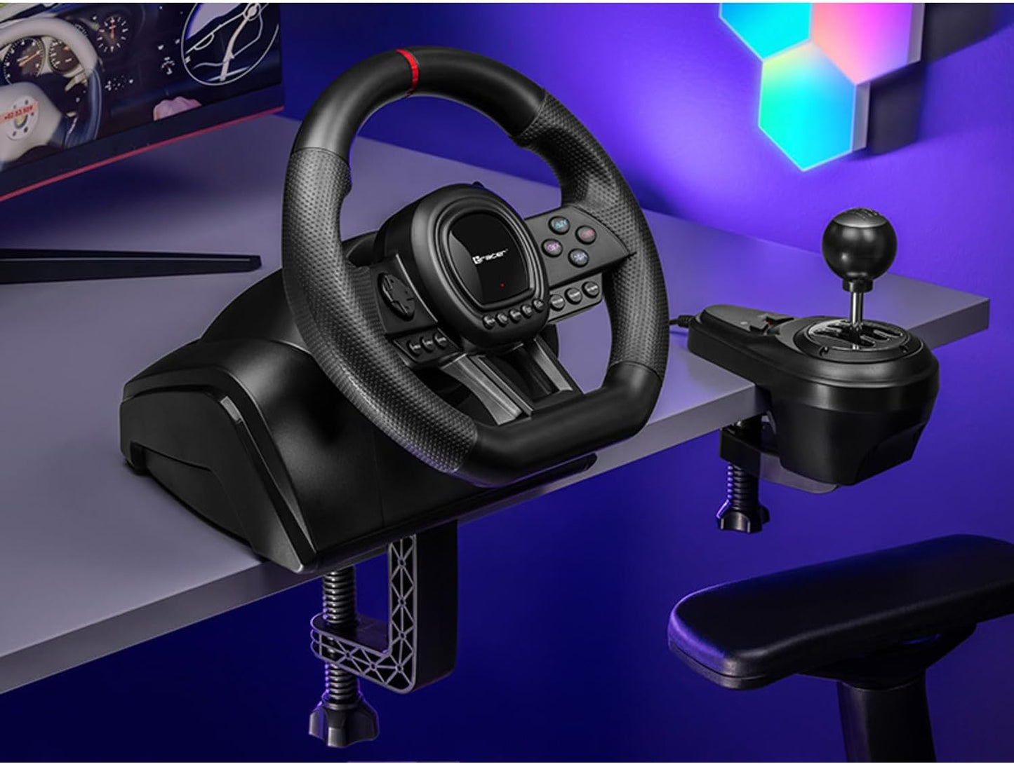 Tracer SimRacer Manual Transmission 6 in 1 Gaming Steering Wheel with Pedals and Gear Stick Compatible with PC/PS4/PS3/XONE/X360/SWITCH