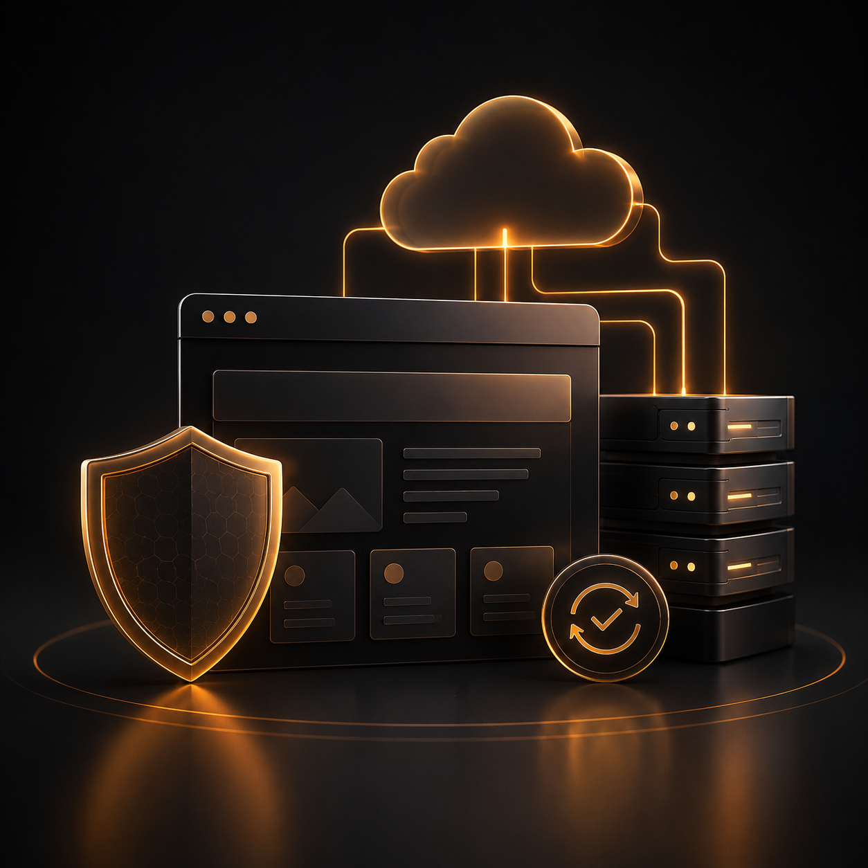 Premium visualisatie van Nexifox technisch websiteonderhoud, beveiligingsupdates en back-upcontrole