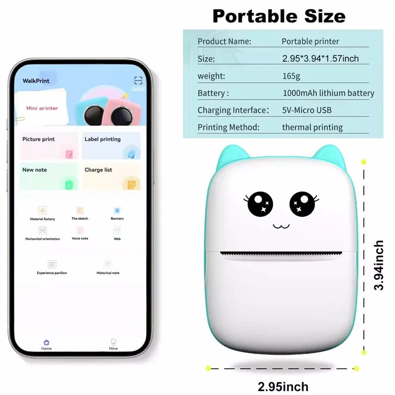 Portable Thermal Photo Printer - Mini Cat Pocket Printer 58mm