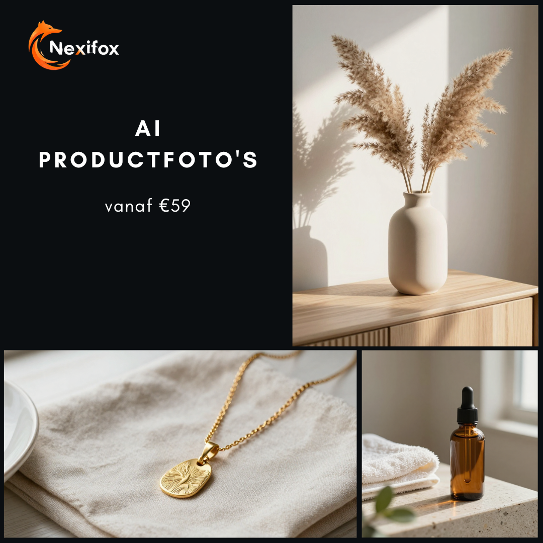 AI-productfoto's van Nexifox Studio: lifestylebeelden van een vaas, een sieraad en een verzorgingsproduct, vanaf 59 euro