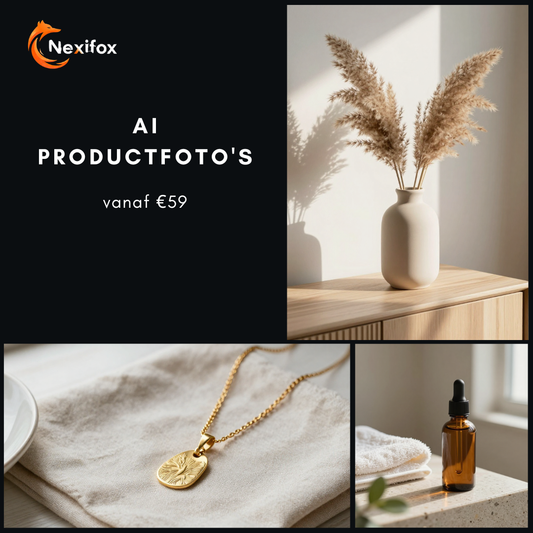 AI-productfoto's van Nexifox Studio: lifestylebeelden van een vaas, een sieraad en een verzorgingsproduct, vanaf 59 euro